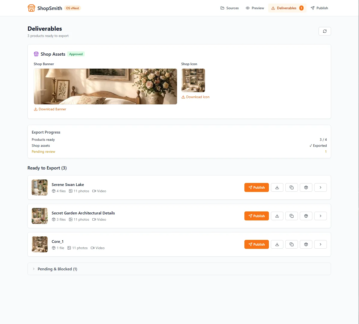 ShopSmith deliverables view showing generated listing photos, shop assets, export progress, and product cards ready for manual publish.